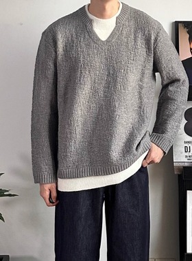 WHICHONE复古V领假两件毛衣男宽松慵懒针织衫灰色套头衫