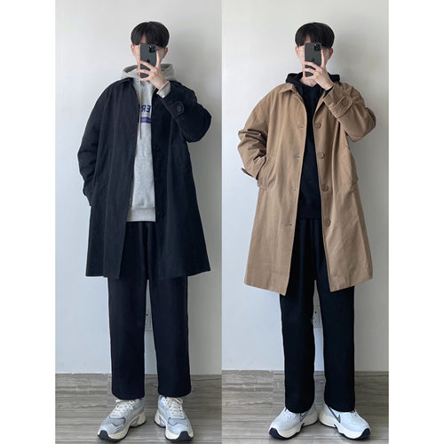 WHICHOE 日系春秋黑色卡其色复古长款风衣情侣男女大衣外套