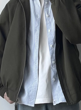 WHICHONE 日系复古竖条纹工装夹克男立领基础简约宽松外套