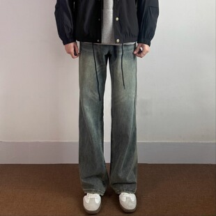 WHICHONE 通勤美式复古水洗做旧猫须牛仔裤男宽松直筒休闲长裤