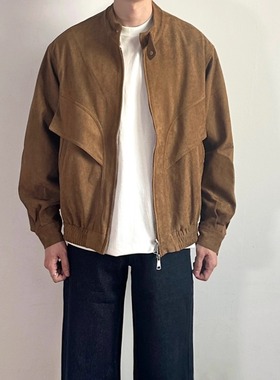 WHICHONE 卡其复古立领麂皮绒工装夹克男宽松休闲百搭外套
