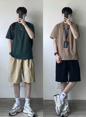 WHICHONE 日系210G落肩五分袖圆领基础款纯色ins短袖T恤