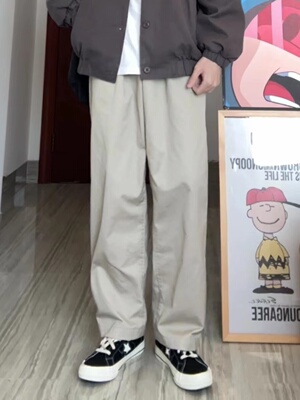 WHICHONE 日系春季腰带抽绳cityboy宽松卡其工装裤直筒休闲长裤