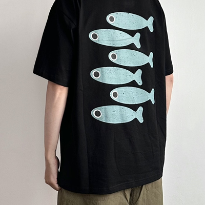 WHICHONE 日系夏季复古纯色小鱼印花cityboy短袖T恤宽松百搭上衣