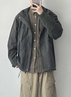 WHICHONE 2024秋重磅连帽多口袋工装夹克外套男美式复古工装外套