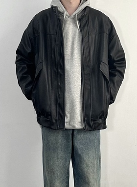 WHICHONE 复古春季美式PU三防纯色立领扣子夹克皮衣潮宽松男皮衣