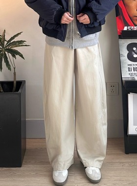 WHICHONE 日系慵懒风垂感弯刀裤可调节侧扣宽松米色阔腿长裤