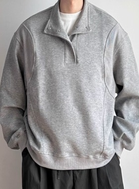 WHICHONE 日系秋季半立领分隔设计卫衣宽松休闲百搭套头衫