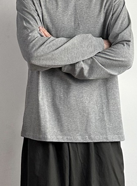 WHICHONE日系秋季重磅320G休闲纯色圆领长袖T恤宽松打底衫上衣