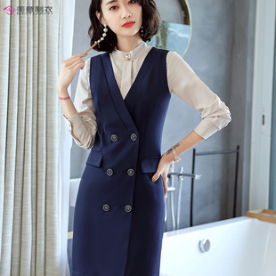 春季新款V领职业装连衣裙工作服时尚修身无袖连身裙雪纺衬衫长袖