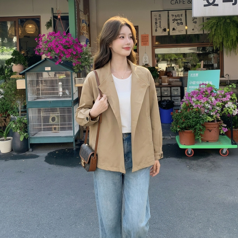卡其色立领系带收腰风衣女中长款显瘦气质通勤外套855P75K158,女装风衣,浙宝318