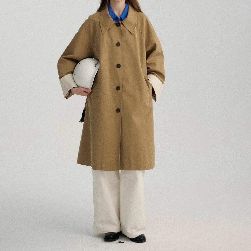 复古简约撞色风衣织棉领口拼接纽扣中长款外套现货193p110k208，女装风衣，浙宝318