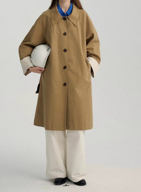 复古简约撞色风衣 织棉领口拼接纽扣中长款外套现货193p110k208