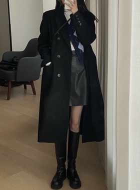 2025春秋新款黑色毛呢外套赫本风中长款小个子加厚呢大衣p97-k158