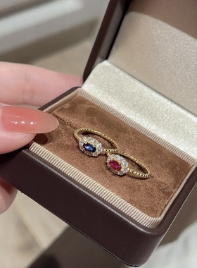 新品！0.3ct培育红蓝宝石复古戒指925银细圈