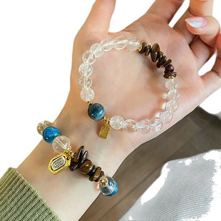 轻奢中式文艺民族风天然白水晶磷灰石碎石虎眼手链福字招财手串女