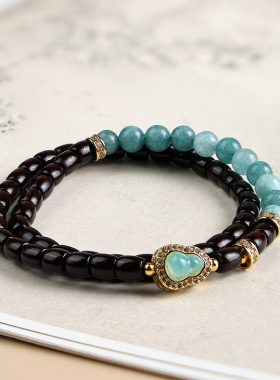 天然紫檀双圈手串蓝水葫芦文玩