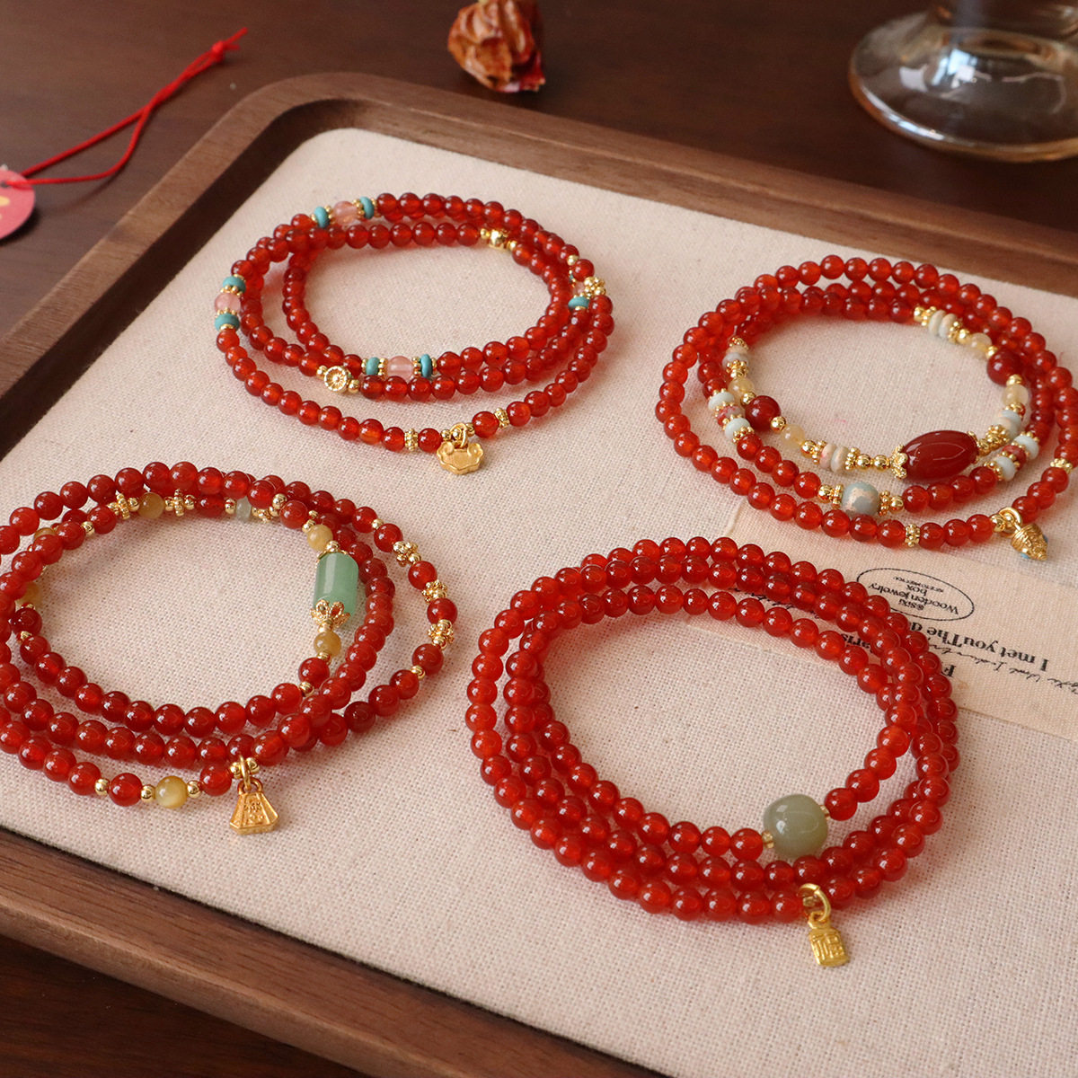 轻奢新中式国风手串天然红玛瑙三圈叠戴手链高级感设计串珠手饰品,珠宝/钻石/翡翠,手饰,淘宝优惠券,粉丝福利购,淘宝优惠卷