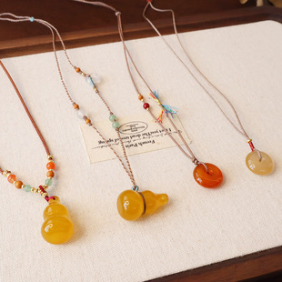 轻奢复古新中式天然黄玉髓葫芦项链平安扣百搭优雅设计毛衣锁骨链