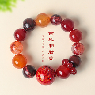 轻奢天然红玛瑙大漆珠串珠手链国风文艺复古红胶花多宝手串本命年