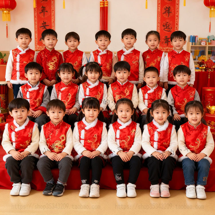 喜庆新年马甲儿童唐装汉服男宝女童棉背心中国风幼儿园国庆表演服