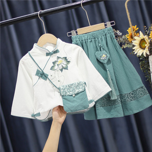 清仓女童汉服春秋夏中国风女宝宝小旗袍套装 裙 小女孩幼儿古风唐装