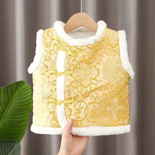 宝宝过年服唐装马甲加绒加厚婴儿黄马褂汉服男童女童国风拜年背心