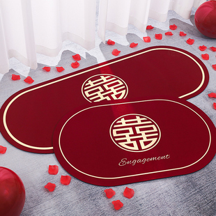 喜字结婚地垫婚房入户门脚垫卧室床边装 饰红色地毯婚房布置套装