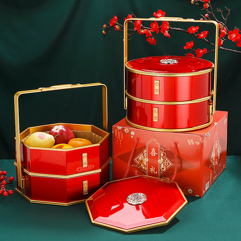 结婚手提食盒果盘双层喜庆中国风糕点糖果盒子马口铁婚庆用品大全