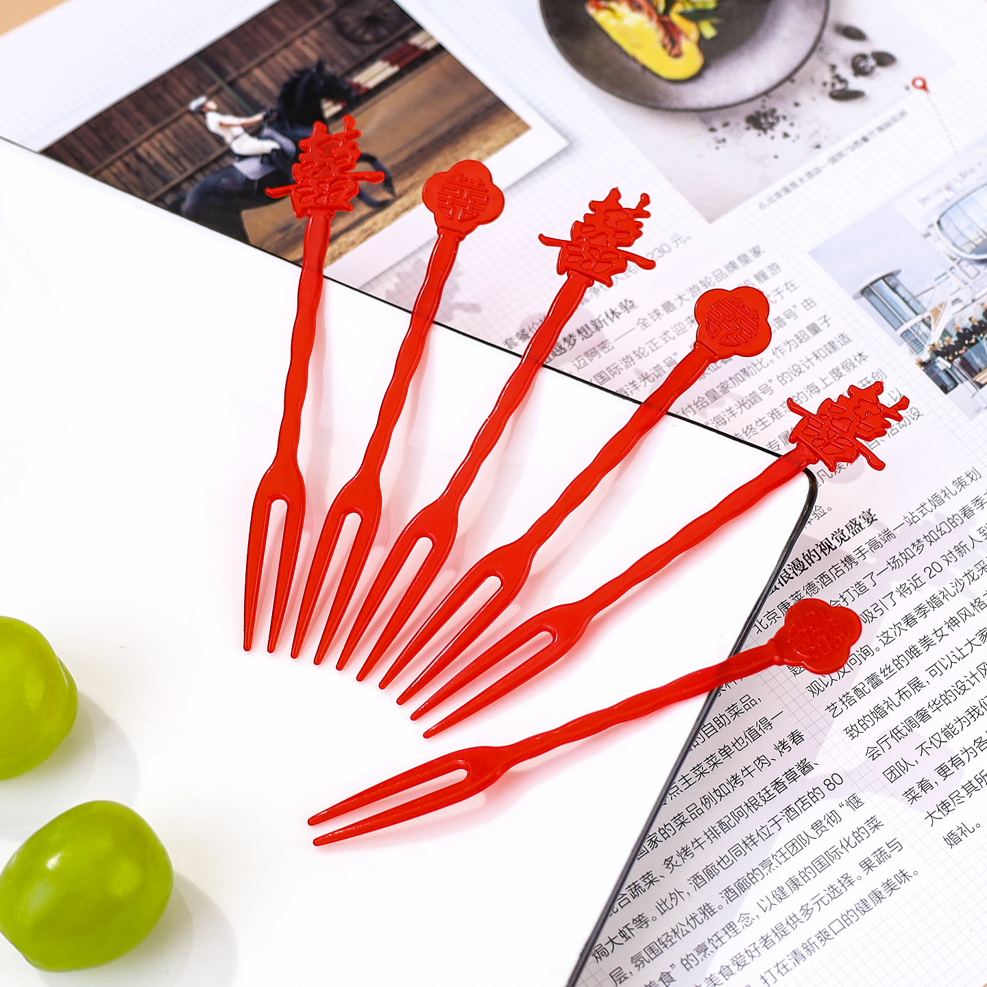 结婚一次性水果叉婚宴红色果签