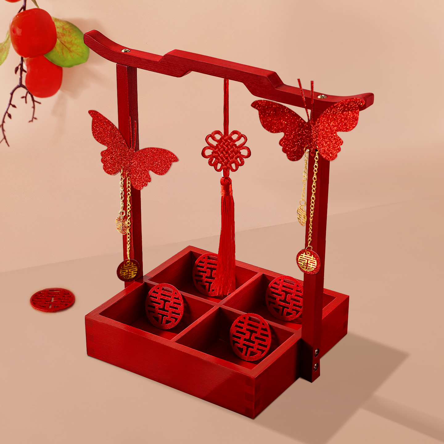 结婚红色果盘四宫格干果盘摆件