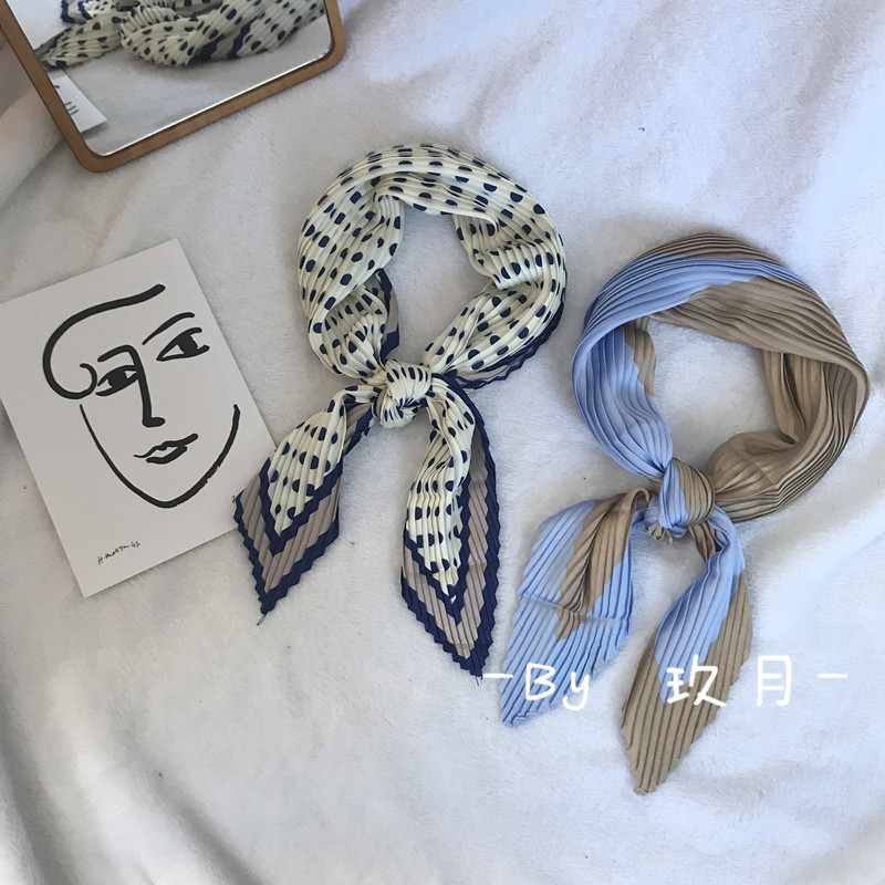 ins波点褶皱拼色压轴法式小丝巾