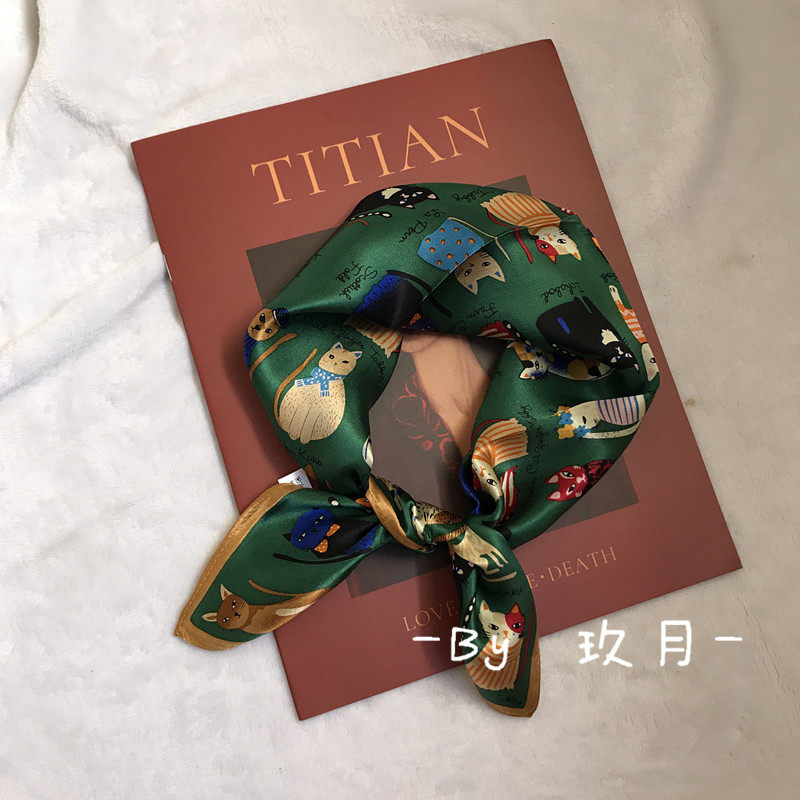 【玖Ninne】日系软妹可爱小猫真丝桑蚕丝西装搭配小方巾chic丝巾