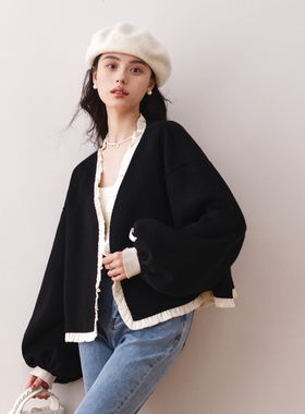 ron百搭灯笼袖V领黑色羊毛毛呢外套2023秋季新款气质高级感上衣T