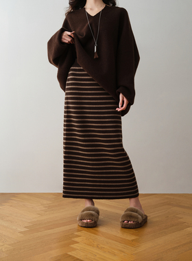 ron&ron慵懒风减龄百搭条纹针织半身裙女2025秋季高腰中长直筒裙