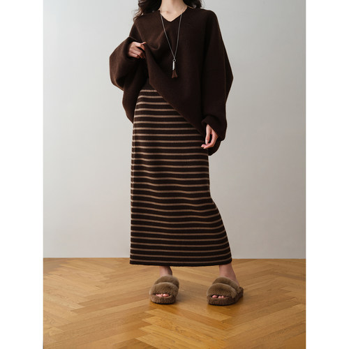 ron&ron慵懒风减龄百搭条纹针织半身裙女2025秋季高腰中长直筒裙