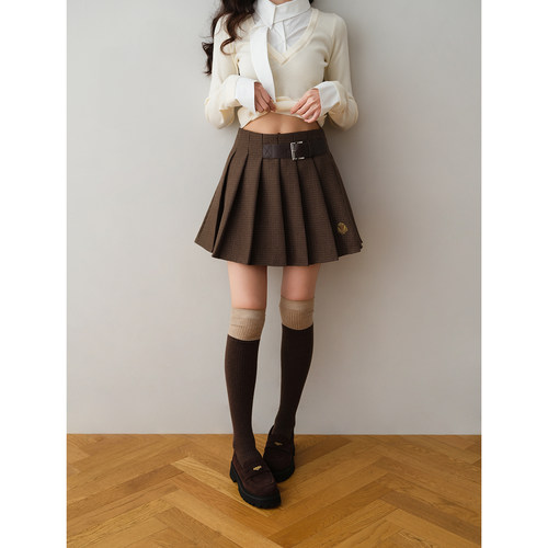 ron&ron复古格纹高腰A字百褶半身裙女2025秋季百搭学院风美式短裙