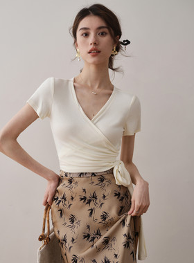 ron法式纯色交叉绑带短袖T恤2024夏季新款修身显瘦小众别致上衣T