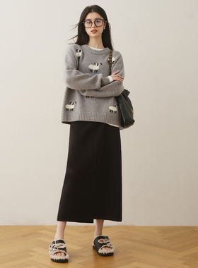 ron百搭显瘦高腰纯色直筒裙女2023秋冬新款气质通勤风开叉中长裙T