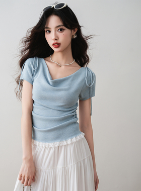 ron&ron法式荡领蕾丝花边针织短袖2025夏季新款别致修身褶皱上衣T