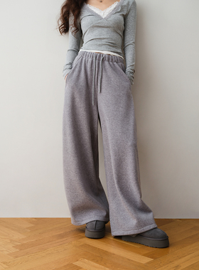 ron&ron松弛感灰色松紧腰加绒卫裤女2025冬季宽松百搭慵懒长裤