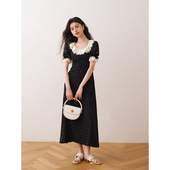 荷叶领碎花连衣裙春夏新款 女装 中长款 ron&ron法式 黑色短袖 茶歇裙T