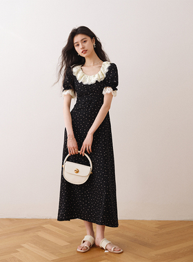 ron&ron法式荷叶领碎花连衣裙春夏新款女装中长款黑色短袖茶歇裙T