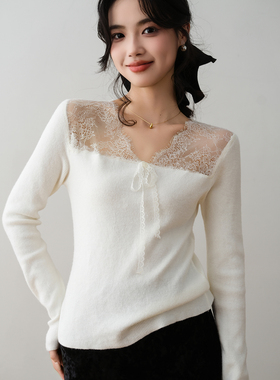 ron&ron法式温柔蕾丝拼接蝴蝶结V领针织衫2025冬季气质内搭上衣