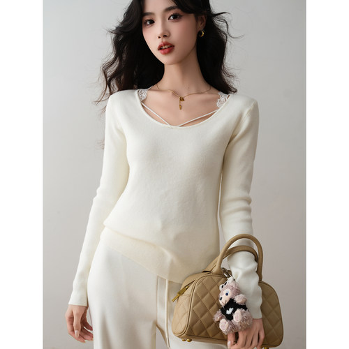 ron&ron法式V领假两件绑带针织衫2025冬季女修身百搭气质优雅上衣