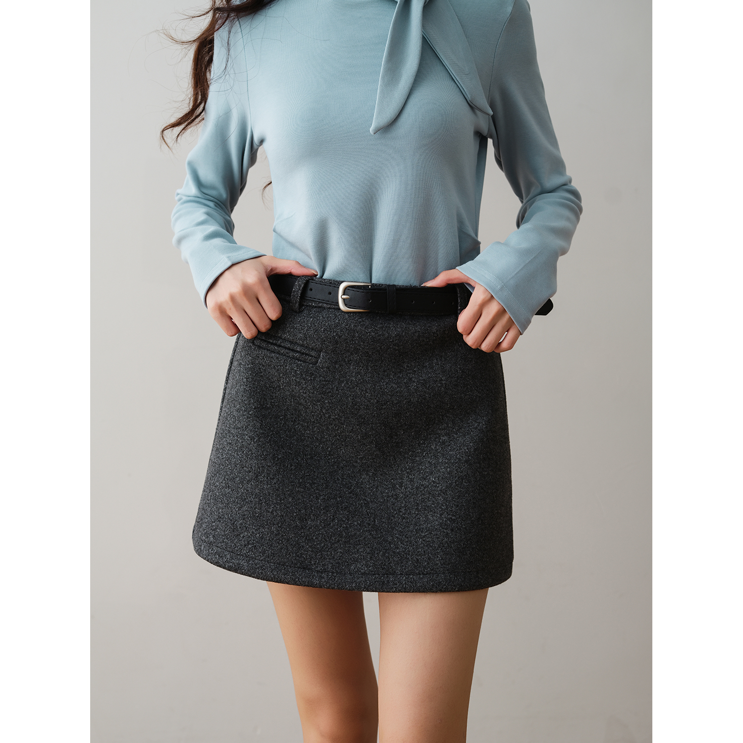 ron&ron极简通勤内衬毛呢拉链短款A字裙送腰带2025秋季气质短裙