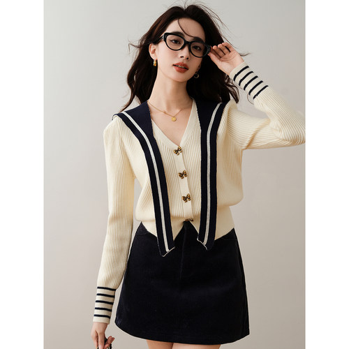 带披肩时尚减龄蝴蝶扣V领针织衫