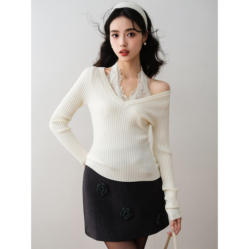 ron&ron蕾丝拼接挂脖假两件针织衫女2025冬季收腰打底衫温柔上衣