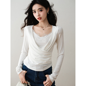 ron&ron轻熟优雅风荡领蕾丝拼接针织衫 上衣 打底衫 2026春季 长袖