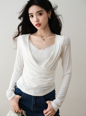 ron&ron轻熟优雅风荡领蕾丝拼接针织衫2026春季长袖打底衫上衣